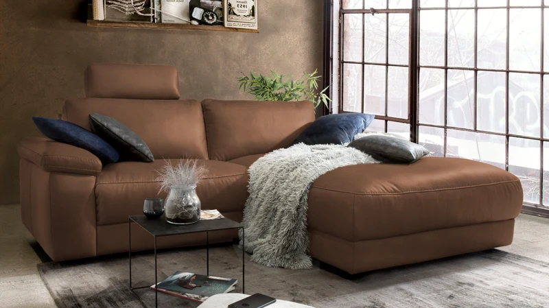 KAWOLA Sofa LOLA Ecksofa Leder braun mit motorischer Relaxfunktion