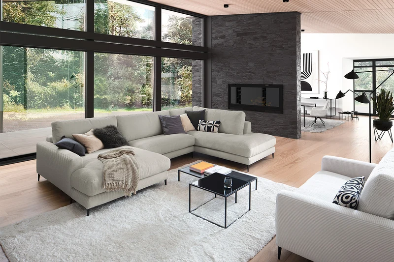 KAWOLA Sofa CARA Wohnlandschaft U-Form Cord steingrau