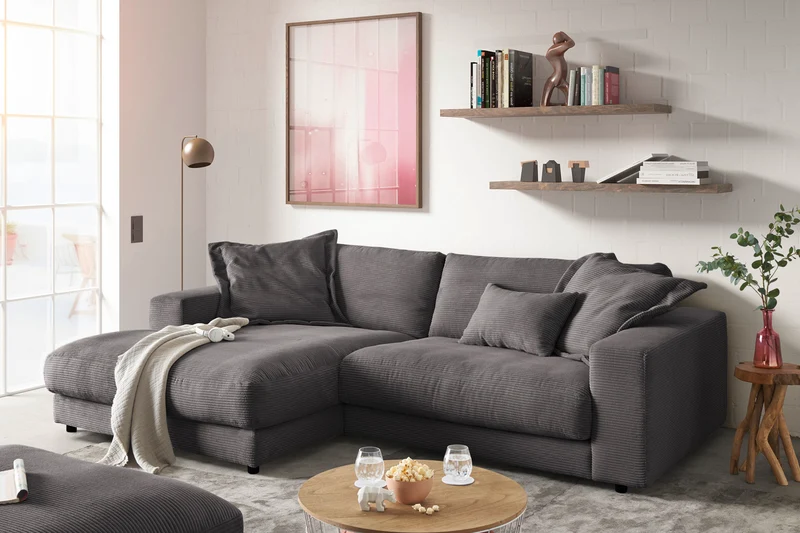 KAWOLA Sofa MADELINE Ecksofa mit Longchair Cord grau