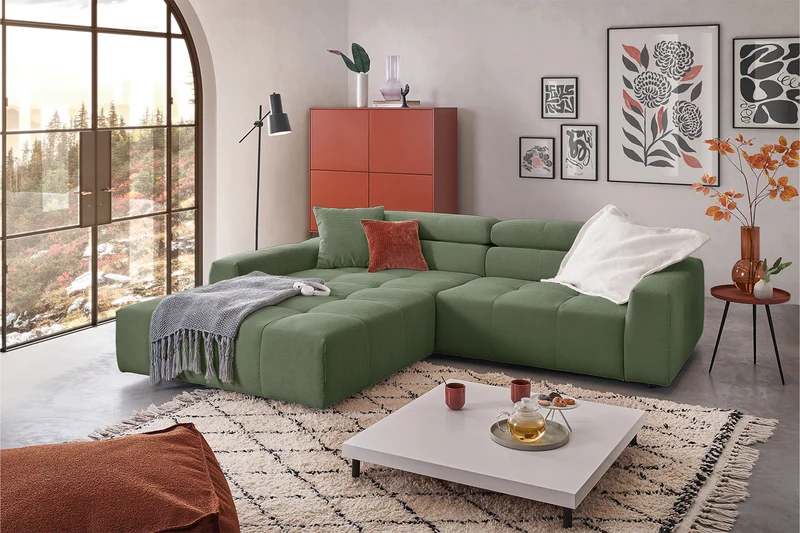 KAWOLA Sofa RENO Ecksofa Feincord olivgrün