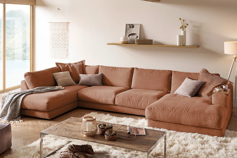 KAWOLA Sofa MADELINE Wohnlandschaft U-Form Cord rost
