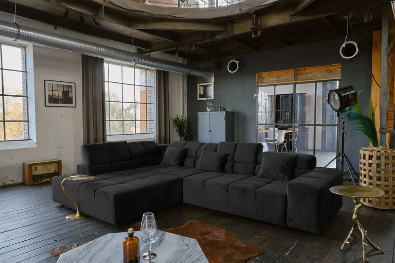KAWOLA Sofa NEVADA Ecksofa Velvet schwarz