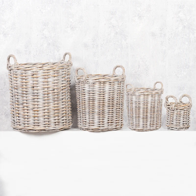 2er Set Natur-Rattankorb BAKUL rund White-Wash ca. 20cm
