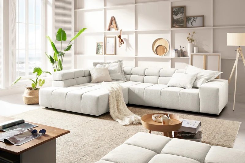 KAWOLA Sofa NEVADA Ecksofa Feincord weiß