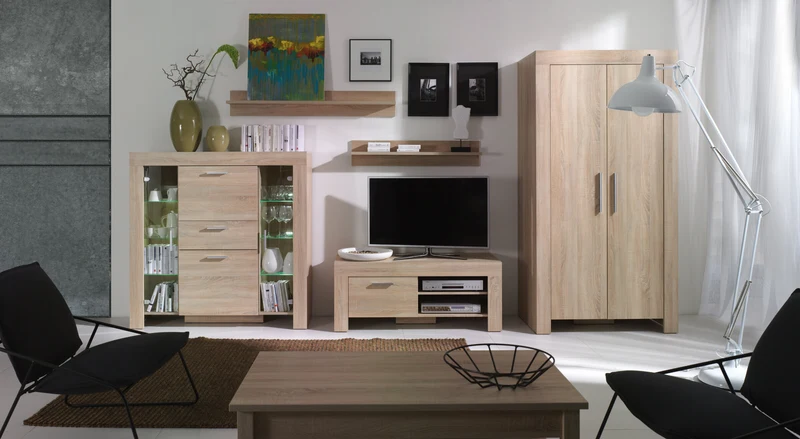 Cezar Highboard 130 cm mit 2 Glastüren, Klappe und Schublade – Sonoma Eiche