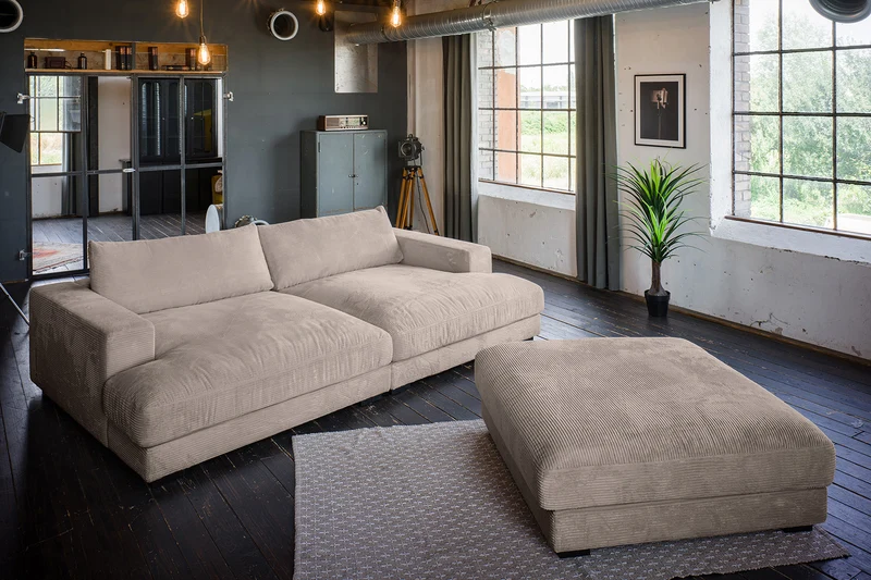 KAWOLA Big Sofa MADELINE Cord taupe mit Hocker und 4 Zierkissen