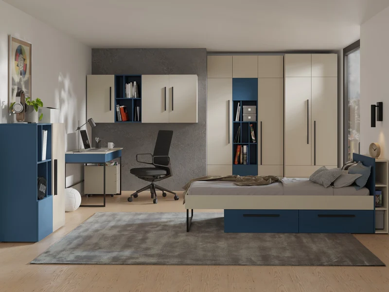 Lorin Hängeschrank 45 cm mit 1 Tür und offenem Fach – Kaschmir / Meeresblau