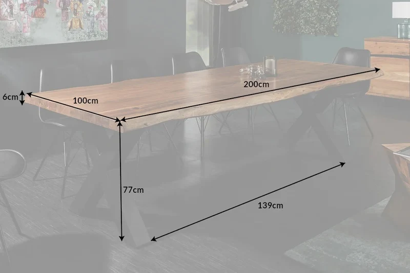 Massiver Esstisch FORTE 200cm Akazie 6cm Baumkante X-Gestell