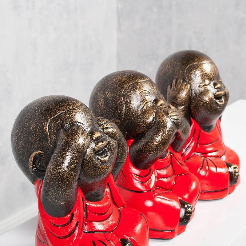 3er Set SHAOLIN Figuren Rot aus Zement Buddha Figur Dekoration
