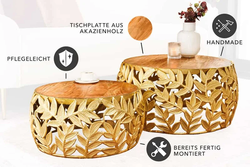 Extravagantes Couchtisch-Set RIXOS-Leaf ca.70cm Metall Akazie