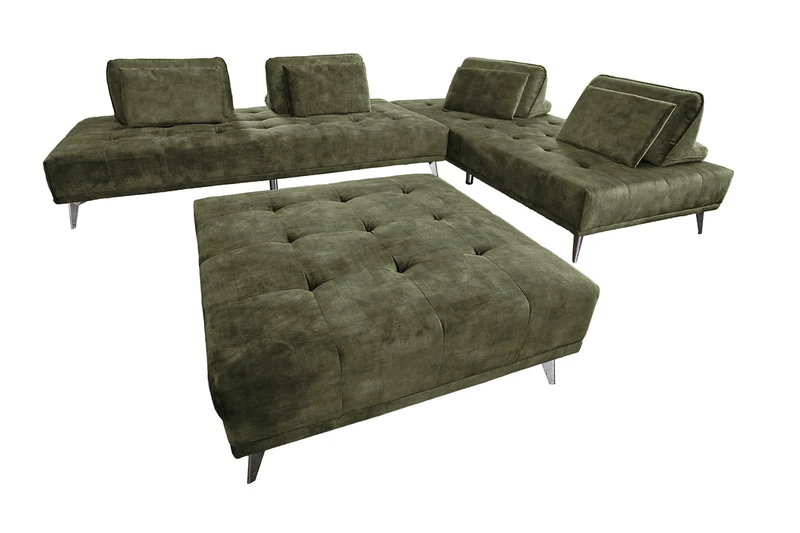 KAWOLA Sofa WIOLO Ecksofa velvet mit Hocker moosgrün