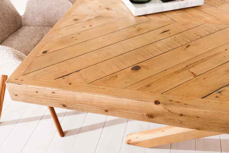 Massiver Esstisch BANDA 160cm natur recycelte Pinie Mikado-Gestell