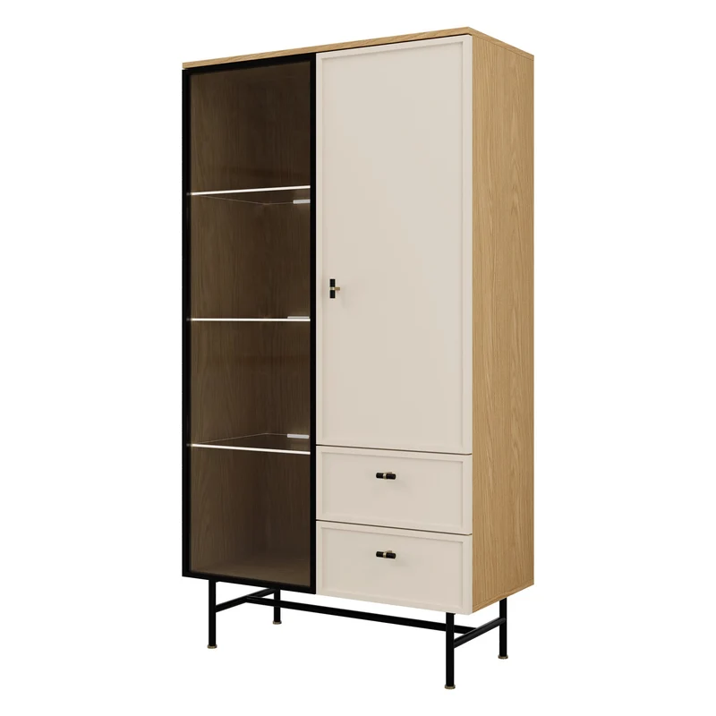 Elora Vitrine 90 cm mit 1 Glastür, 1 Tür und 2 Schubladen – Frühlingseiche / Macadamia