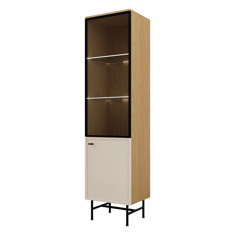 Elora Standvitrine 50 cm mit 1 Glastür und 1 Tür – Frühlingseiche / Macadamia