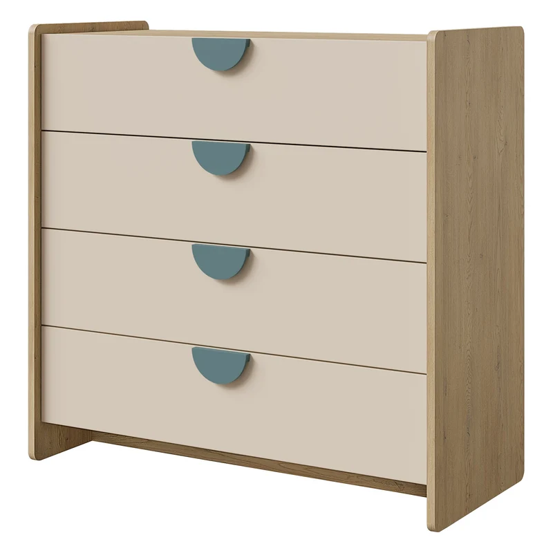 Lexi Kommode 93 cm mit 4 Schubladen – Cremona Eiche / Macadamia / Meeresblau