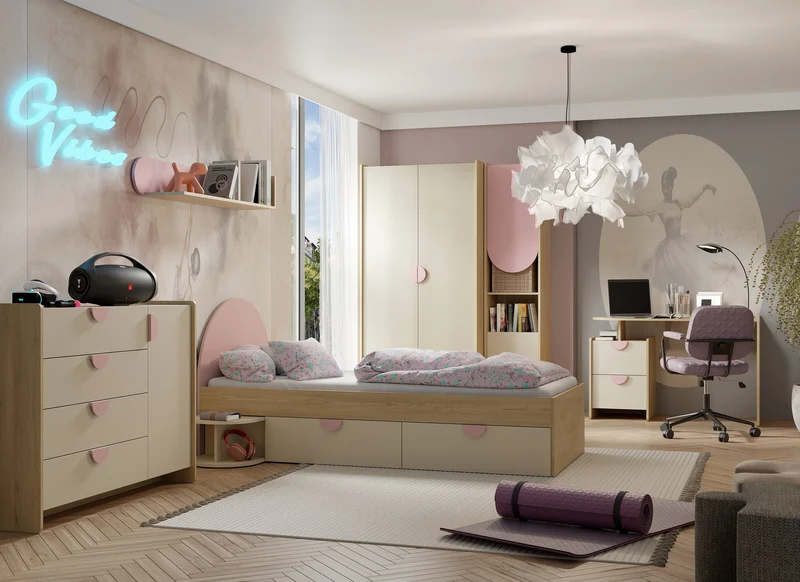 Lexi Kommode 123 cm mit 1 Tür und 4 Schubladen – Cremona Eiche / Macadamia / Puderrosa