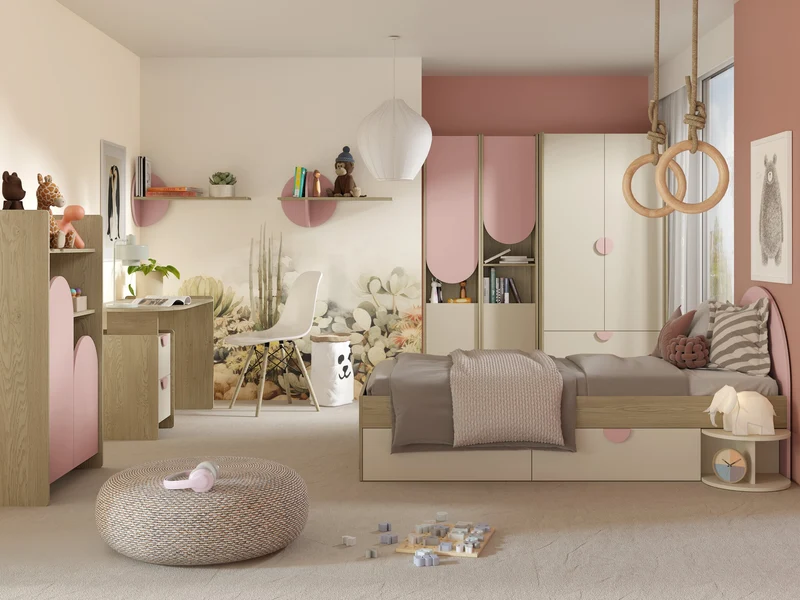 Lexi Kommode 123 cm mit 1 Tür und 4 Schubladen – Cremona Eiche / Macadamia / Puderrosa