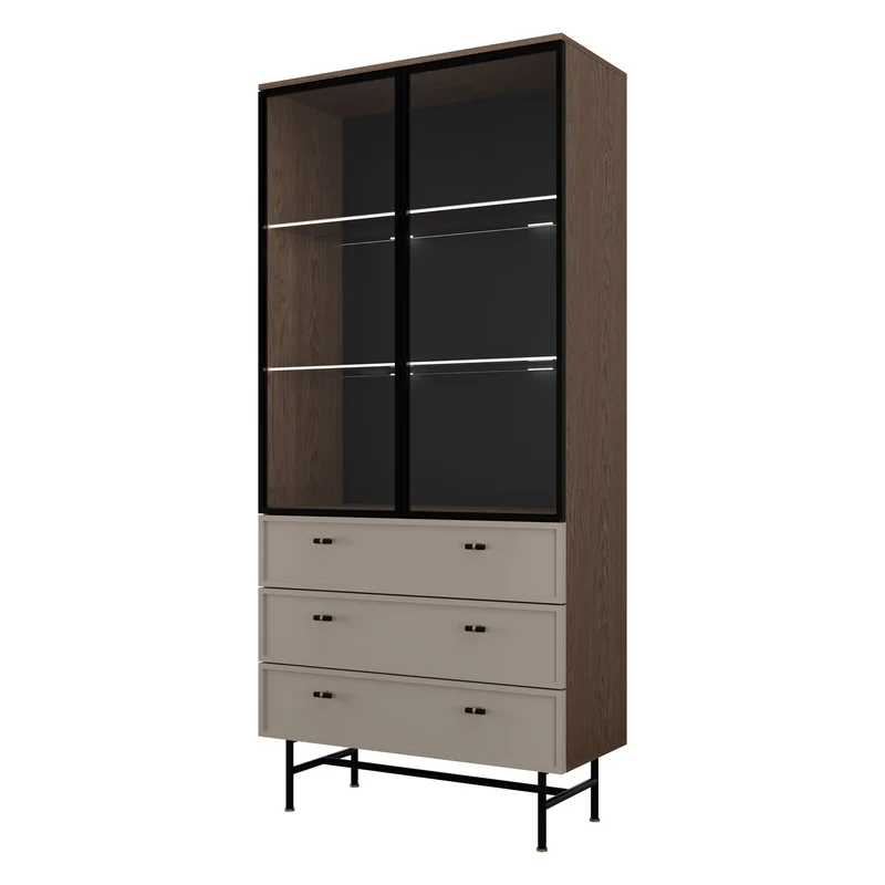 Elora Vitrine 90 cm mit 2 Glastüren und 3 Schubladen – Baltic Storm / Toffee
