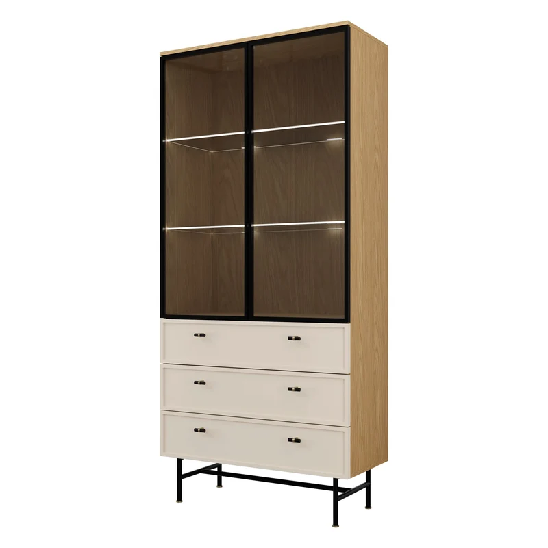 Elora Vitrine 90 cm mit 2 Glastüren und 3 Schubladen – Frühlingseiche / Macadamia