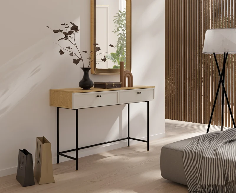 Elora Vitrine 90 cm mit 2 Glastüren und 3 Schubladen – Frühlingseiche / Macadamia