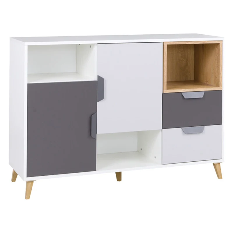 Joker Kommode 120 cm mit 2 Türen, 2 Schubladen und 3 offenen Fächern – Weiß / Graphit / Grau / Eiche Lefkas