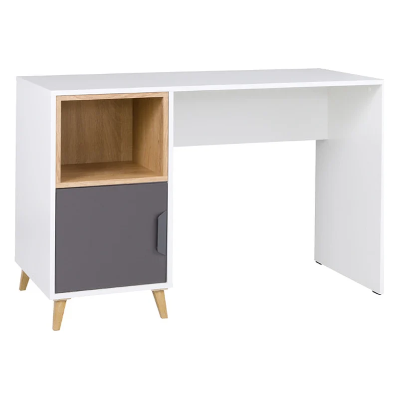 Joker Schreibtisch 120 cm mit 1 Tür und offenem Fach – Weiß / Graphit / Grau / Eiche Lefkas