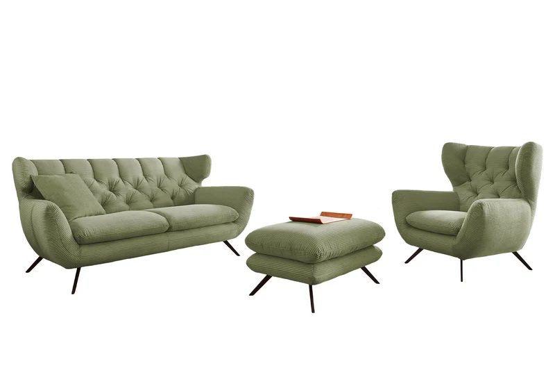 KAWOLA Sitzgruppe CHARME Sofa Sessel Hockerbank Cord olivgrün