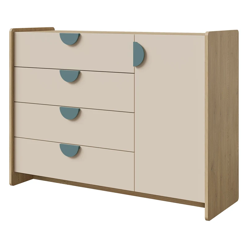 Lexi Kommode 123 cm mit 1 Tür und 4 Schubladen – Cremona Eiche / Macadamia / Meeresblau