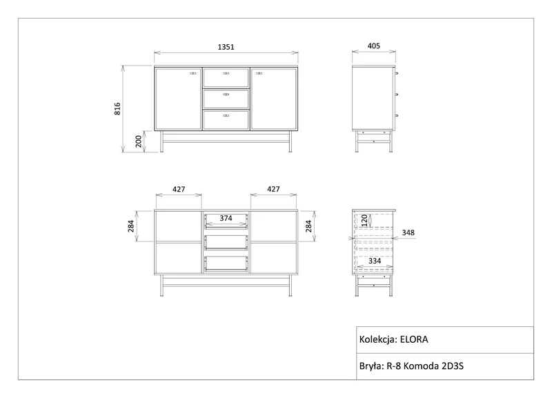 Elora Kommode 135 cm mit 2 Türen und 3 Schubladen – Frühlingseiche / Macadamia
