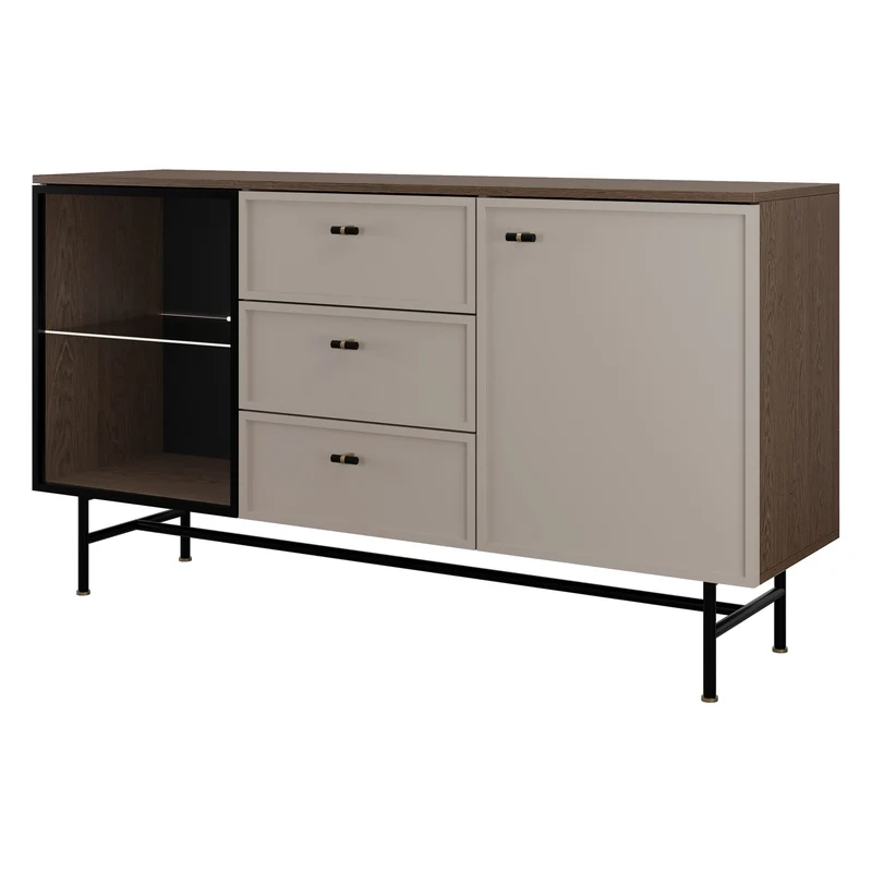 Elora Sideboard 150 cm mit 1 Glastür, 1 Tür und 3 Schubladen – Baltic Storm / Toffee