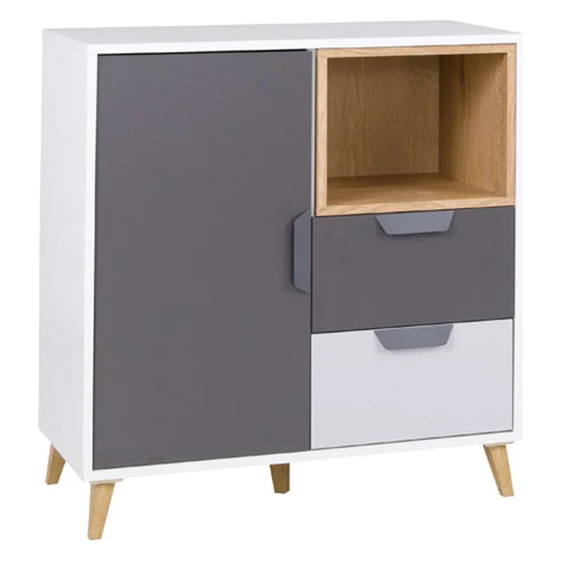 Joker Kommode 80 cm mit 1 Tür und 2 Schubladen – Weiß / Graphit / Grau / Eiche Lefkas