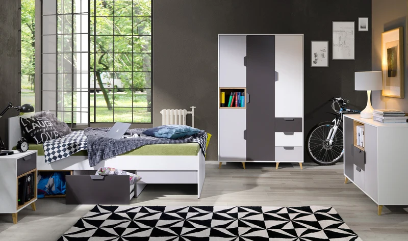 Joker Kommode 80 cm mit 1 Tür und 2 Schubladen – Weiß / Graphit / Grau / Eiche Lefkas