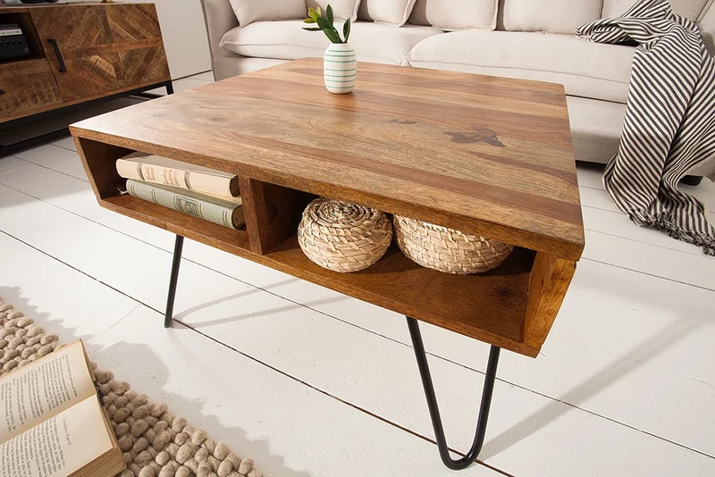 Trendiger Couchtisch ALINA 60cm natur Massivholz Ablagefächer