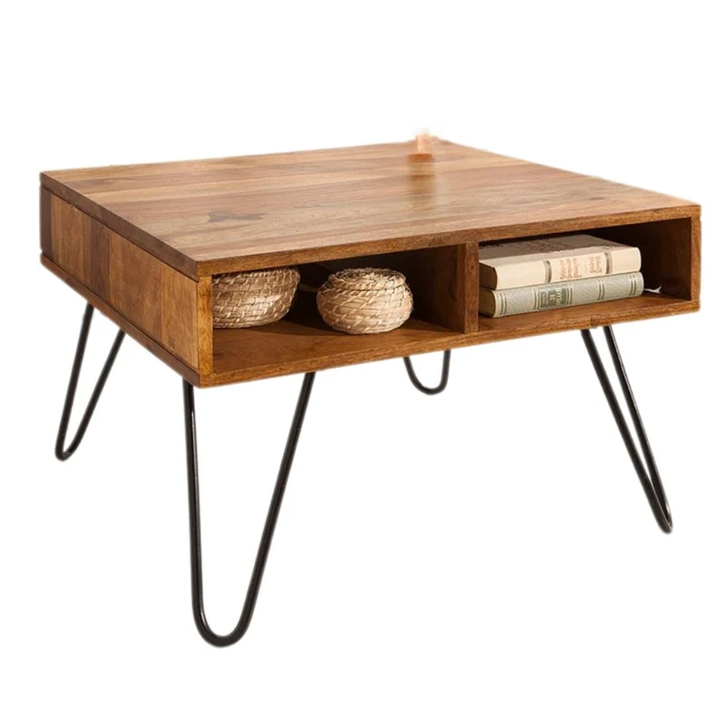 Trendiger Couchtisch ALINA 60cm natur Massivholz Ablagefächer