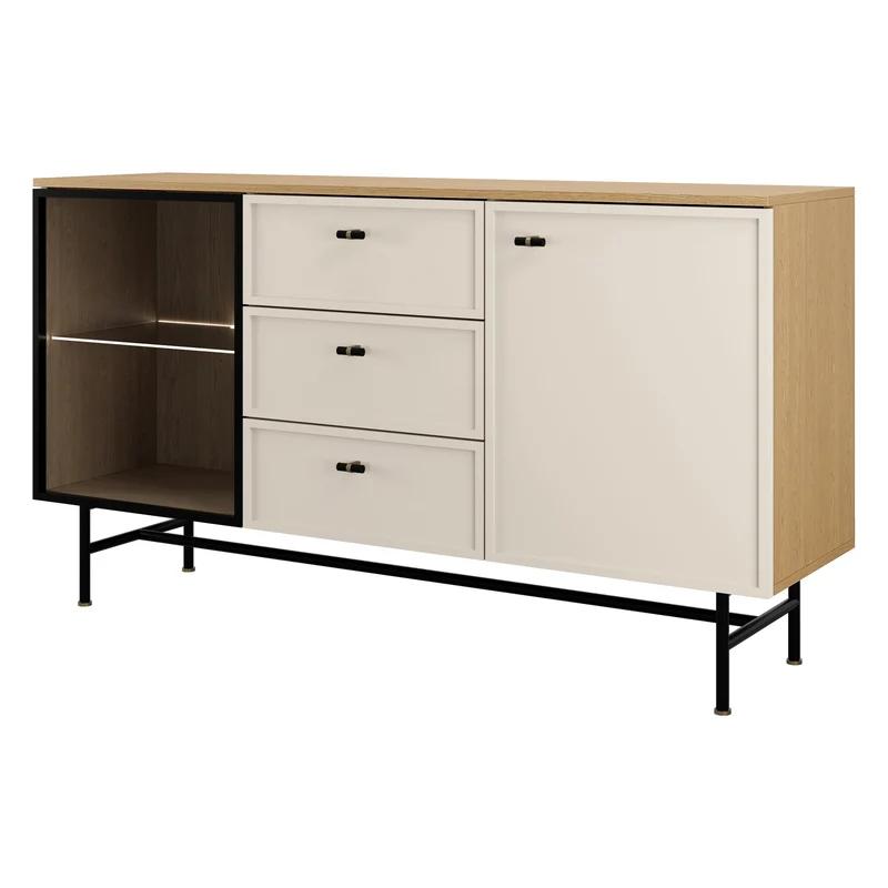 Elora Sideboard 150 cm mit 1 Glastür, 1 Tür und 3 Schubladen – Frühlingseiche / Macadamia