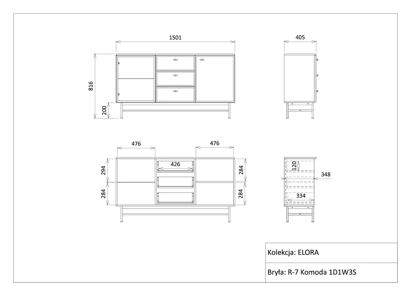 Elora Sideboard 150 cm mit 1 Glastür, 1 Tür und 3 Schubladen – Frühlingseiche / Macadamia
