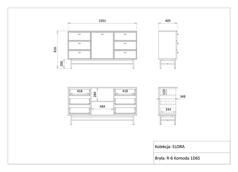 Elora Kommode 150 cm mit 1 Tür und 6 Schubladen – Baltic Storm / Toffee