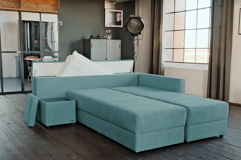 KAWOLA Schlafsofa IDA Sofa Boxspringbett Stoff petrol mit Topper