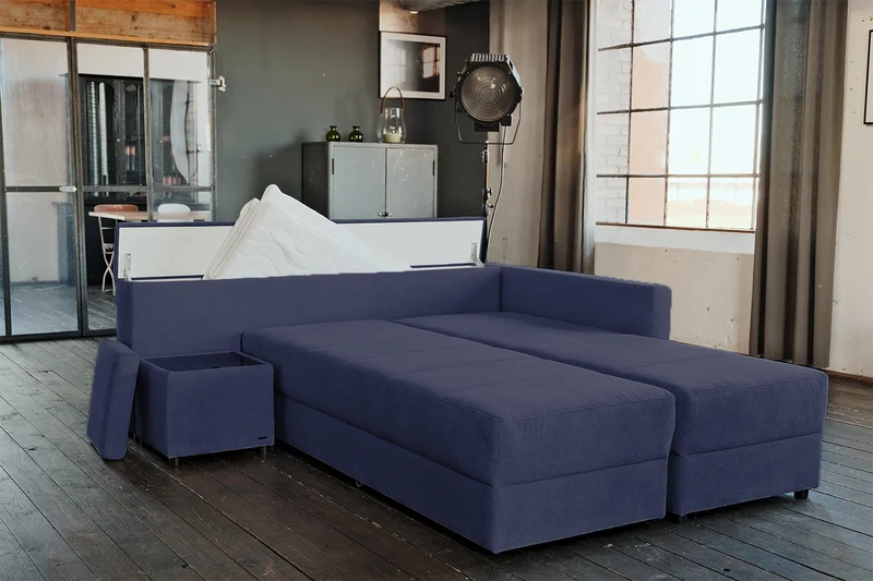 KAWOLA Schlafsofa IDA Sofa Boxspringbett Stoff dunkelblau mit Topper