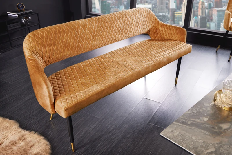 Design Sitzbank FRANCE 160cm Samt senf-gelb Ziersteppung Armlehnen