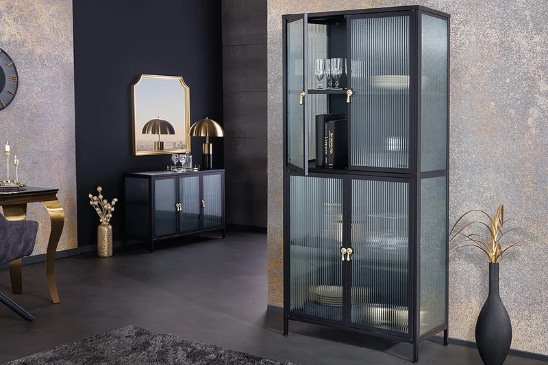 Moderner Vitrinen-Schrank TRIADO 180cm schwarz Metall Riffelglas