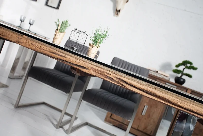 Unikat Esstisch OLD TEAK 200cm inkl. Glasplatte und Stahlgestell