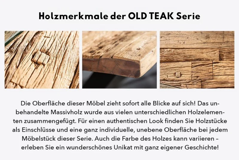 Unikat Esstisch OLD TEAK 200cm inkl. Glasplatte und Stahlgestell
