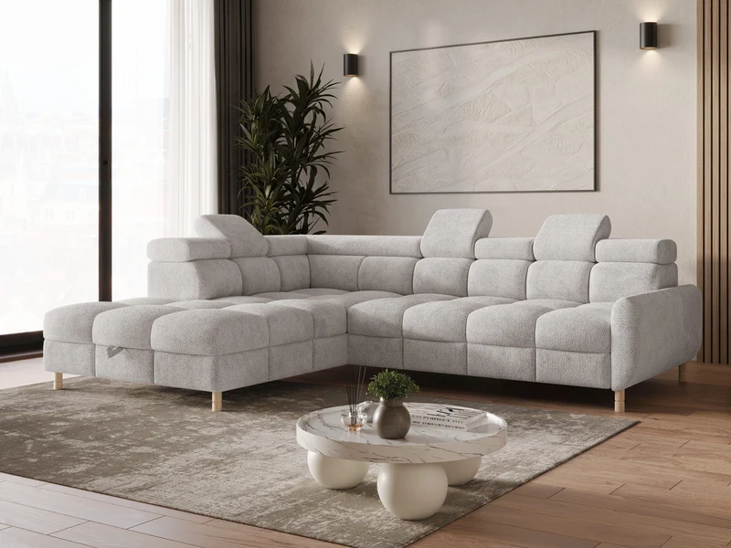Ecksofa – Bun – Schlafsofa mit Bettkasten, Bouclé Arena, 276 × 209 cm