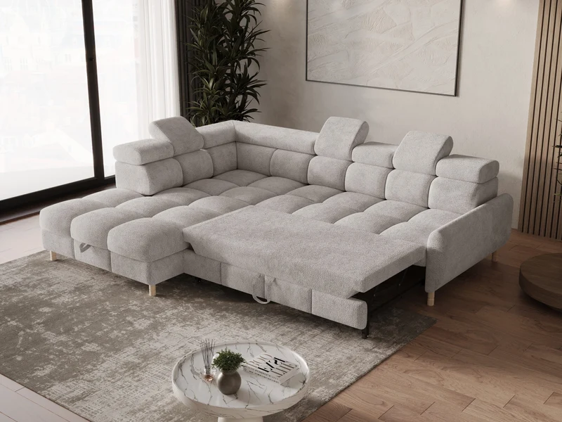 Ecksofa – Bun – Schlafsofa mit Bettkasten, Bouclé Arena, 276 × 209 cm