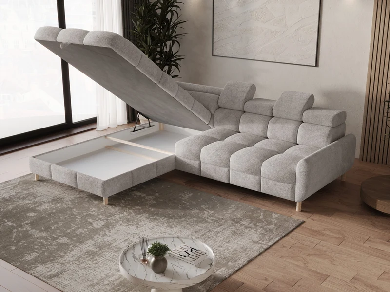 Ecksofa – Bun – Schlafsofa mit Bettkasten, Bouclé Arena, 276 × 209 cm