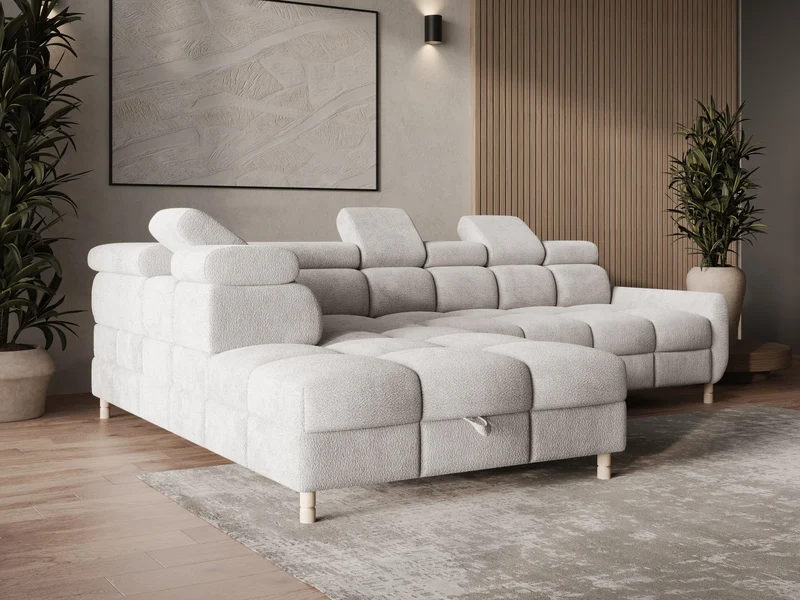 Ecksofa – Bun – Schlafsofa mit Bettkasten, Bouclé Arena, 276 × 209 cm
