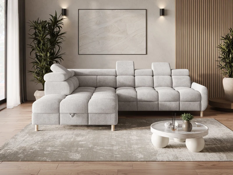 Ecksofa – Bun – Schlafsofa mit Bettkasten, Bouclé Arena, 276 × 209 cm
