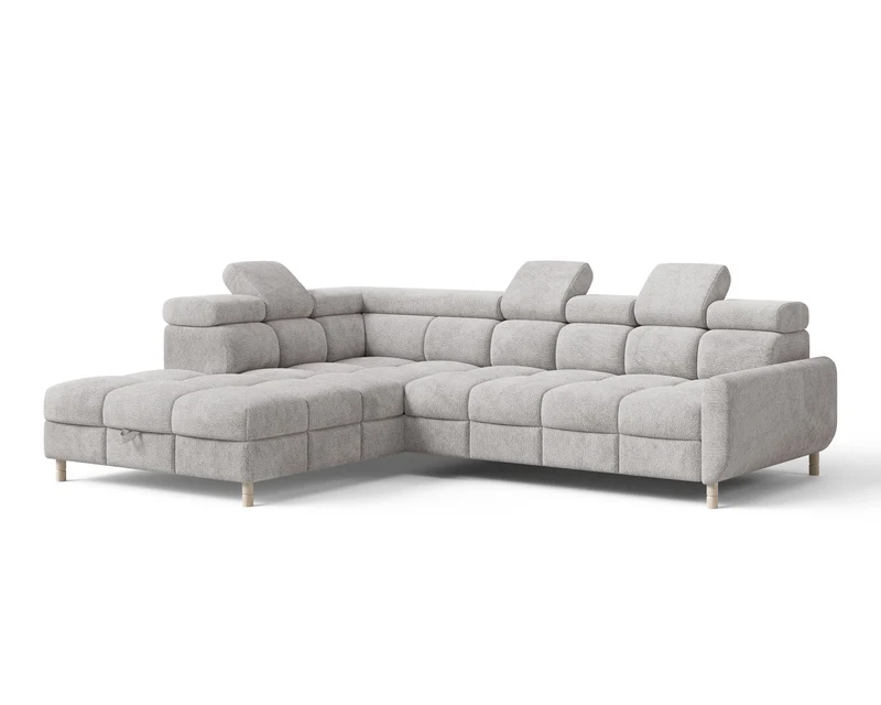 Ecksofa – Bun – Schlafsofa mit Bettkasten, Bouclé Arena, 276 × 209 cm