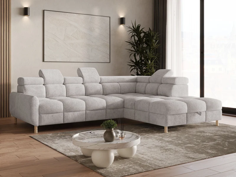 Ecksofa – Bun – Schlafsofa mit Bettkasten, Bouclé Arena, 276 × 209 cm